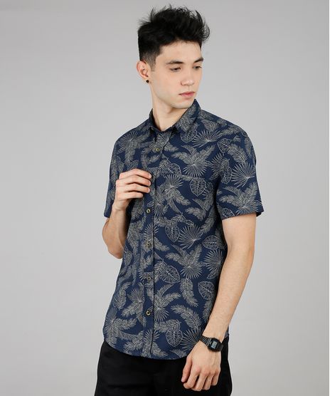 Camisa-Masculina-Estampada-de-Folhagem-Manga-Curta-Azul-Marinho-9527330-Azul_Marinho_1
