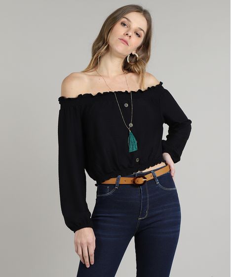Blusa Feminina Cropped Ombro A Ombro Canelada Com Botoes Manga