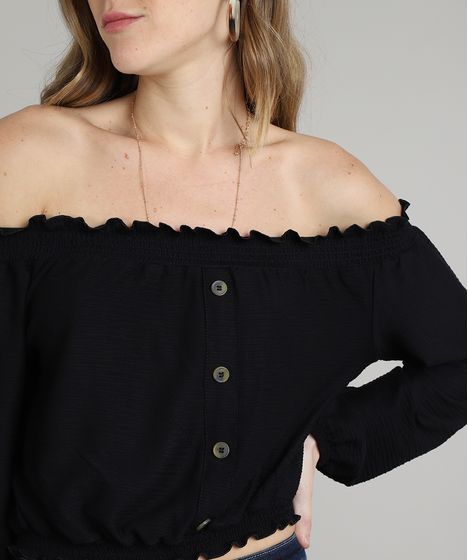 Blusa Feminina Cropped Ombro A Ombro Canelada Com Botoes Manga