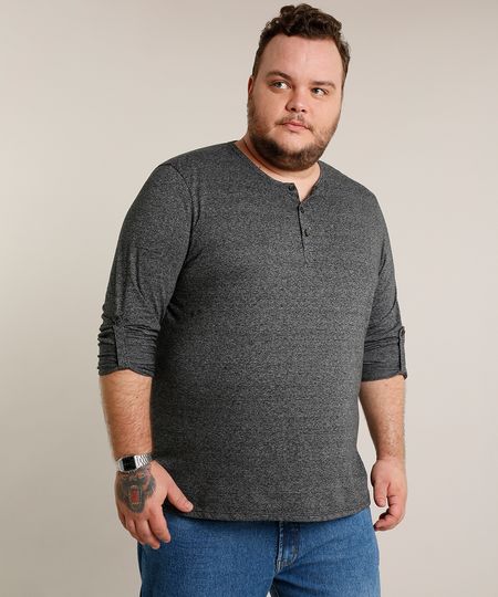 Camiseta-Masculina-Plus-Size-Comfort-com-Botoes-e-Martingale-Manga-Longa-Gola-Careca-Cinza-Mescla-Escuro-9471102-Cinza_Mescla_Escuro_1