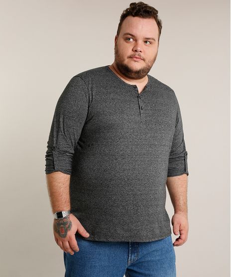 Camiseta-Masculina-Plus-Size-Comfort-com-Botoes-e-Martingale-Manga-Longa-Gola-Careca-Cinza-Mescla-Escuro-9471102-Cinza_Mescla_Escuro_1