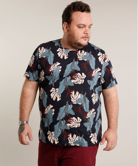 Camiseta-Masculina-Plus-Size-Slim-Fit-Estampada-de-Folhagem-Manga-Curta-Gola-Careca-Azul-Marinho-9697805-Azul_Marinho_1