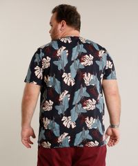 Camiseta-Masculina-Plus-Size-Slim-Fit-Estampada-de-Folhagem-Manga-Curta-Gola-Careca-Azul-Marinho-9697805-Azul_Marinho_2