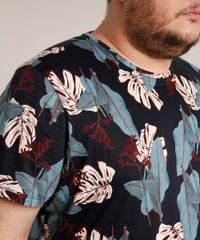 Camiseta-Masculina-Plus-Size-Slim-Fit-Estampada-de-Folhagem-Manga-Curta-Gola-Careca-Azul-Marinho-9697805-Azul_Marinho_4