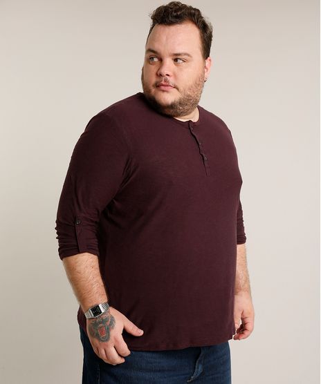 Camiseta-Masculina-Plus-Size-Comfort-com-Botoes-e-Martingale-Manga-Longa-Gola-Careca-Vinho-9471102-Vinho_1