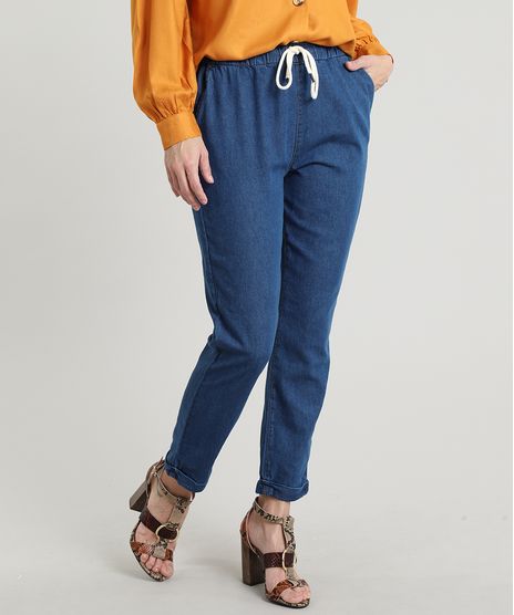 Calca-Jeans-Feminina-Jogger-com-Bolso-e-Cadarco-Azul-Escuro-9662965-Azul_Escuro_1