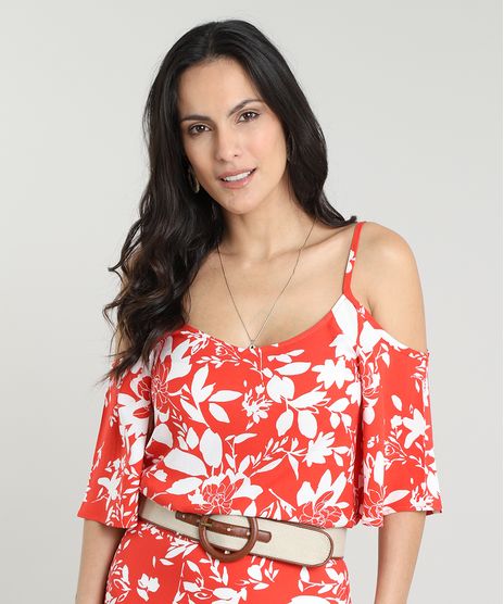 Blusa-Feminina-Open-Shoulder-Estampada-Floral-Manga-3-4-Decote-Redondo-Laranja-9548723-Laranja_1