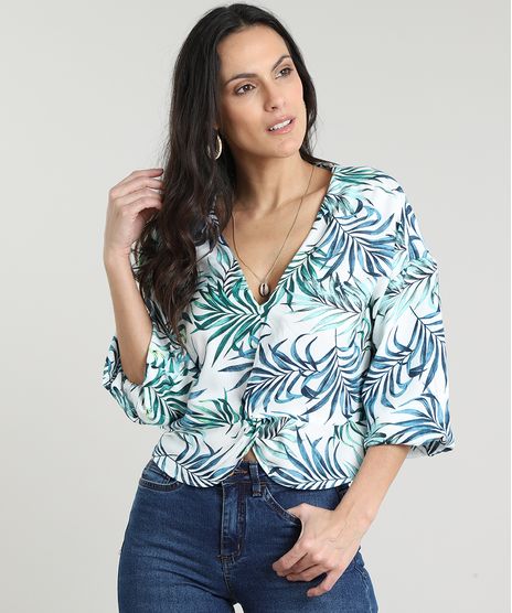 Blusa-Feminina-Cropped-Estampada-de-Folhagem-com-No-Manga-7-8-Decote-V-Branca-9535289-Branco_1