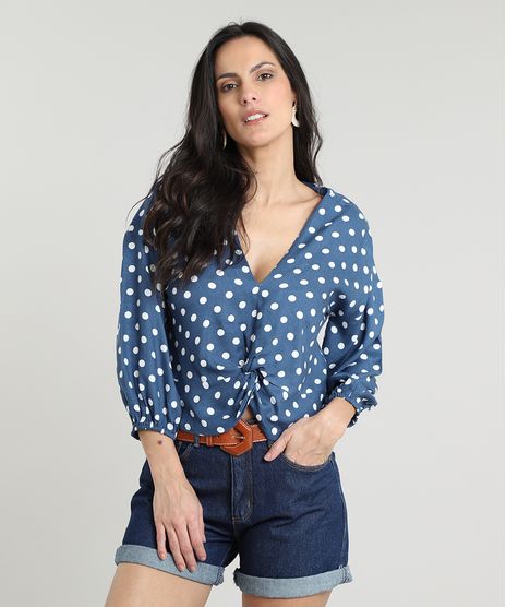 Blusa-Feminina-Cropped-Estampada-de-Poa-com-No-Manga-7-8-Decote-V-Azul-9535287-Azul_1