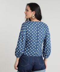 Blusa-Feminina-Cropped-Estampada-de-Poa-com-No-Manga-7-8-Decote-V-Azul-9535287-Azul_2