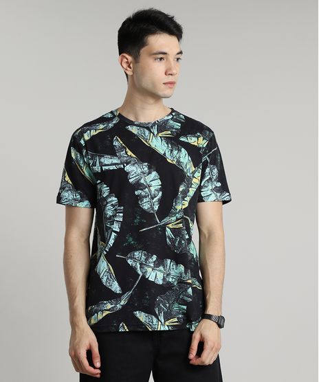 Camiseta-Masculina-Estampada-Folhagem-de-Bananeira-Manga-Curta-Gola-Careca-Preta-9626394-Preto_1