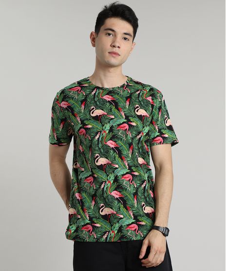 Camiseta-Masculina-Estampada-de-Flamingos-e-Folhagem-Manga-Curta-Gola-Careca-Preta-9597342-Preto_1