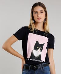 Blusa-Feminina-com-Estampa-de-Gato-Manga-Curta-Decote-Redondo-Preta-9649026-Preto_1