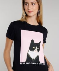 Blusa-Feminina-com-Estampa-de-Gato-Manga-Curta-Decote-Redondo-Preta-9649026-Preto_4