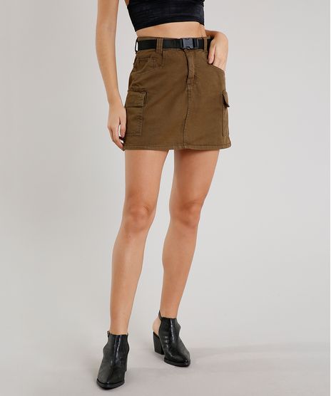 Saia-de-Sarja-Feminina-Cargo-Curta-com-Cinto-Verde-Militar-9664025-Verde_Militar_1