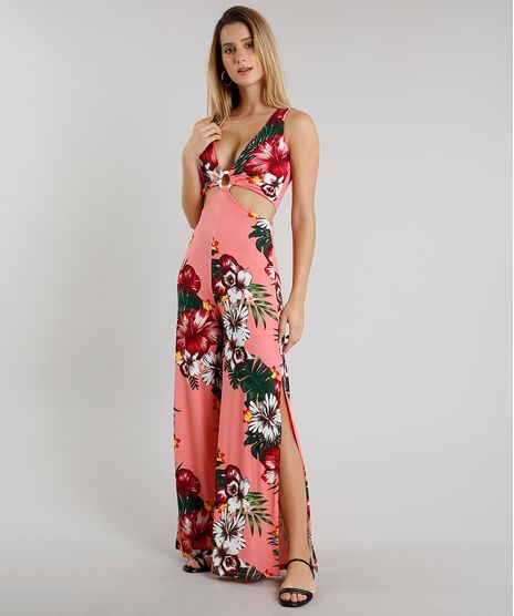 Macacao-Feminino-Estampado-Floral-com-Vazado-e-Fenda-Sem-Manga-Coral-9609699-Coral_1