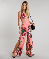 Macacao-Feminino-Estampado-Floral-com-Vazado-e-Fenda-Sem-Manga-Coral-9609699-Coral_3