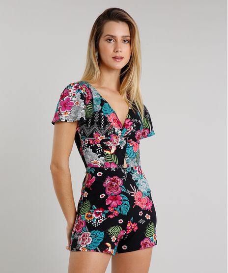 Macaquinho-Feminino-Estampado-Floral-com-No-e-Vazado-Manga-Curta-Preto-9534432-Preto_1