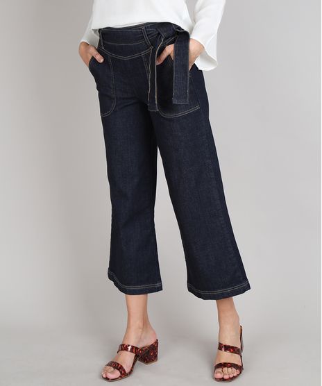 Calca-Jeans-Feminina-Pantacourt-com-Faixa-para-Amarrar-Azul-Escuro-9666392-Azul_Escuro_1