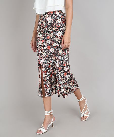Saia-Feminina-Midi-Mullet-Estampada-Floral-com-Fenda-e-Recorte-Preta-9672907-Preto_1