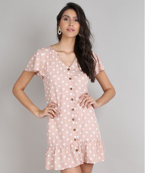 Vestido-Feminino-Curto-Estampado-de-Poa-com-Babado-e-Botoes-Manga-Curta-Rose-9646860-Rose_1