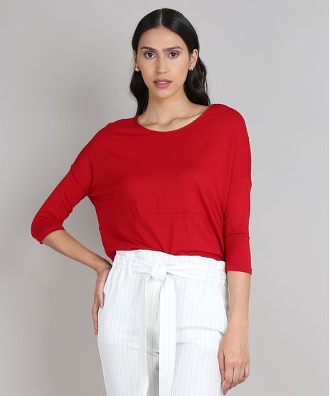 Blusa-Feminina-Basica-Ampla-com-Recortes-Manga-3-4-Decote-Redondo-Vermelha-9616973-Vermelho_1