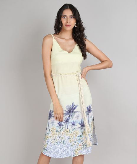 Vestido-Feminino-Midi-Estampado-Tropical-com-Fenda-e-Cordao-Alcas-Finas-Amarelo-9548732-Amarelo_1