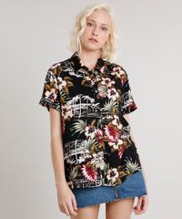 Camisa-Feminina-Estampada-Tropical-com-Fenda-Manga-Curta-Preta-9533121-Preto_1