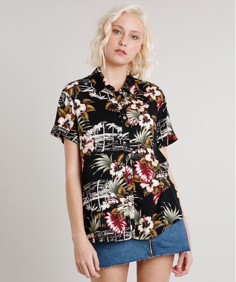 Camisa-Feminina-Estampada-Tropical-com-Fenda-Manga-Curta-Preta-9533121-Preto_1