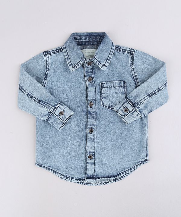 Camisa Jeans Infantil com Bolsos Manga Curta Azul Médio 3