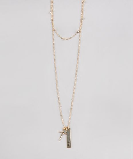 Colar-Feminino-Duplo-Folheado-com-Pingente-de-Cruz-Dourado-9544866-Dourado_1