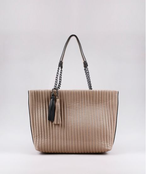 Bolsa-Feminina-Shoulder-Texturizada-com-Correntes-e-Tassel-Bege-9505295-Bege_1