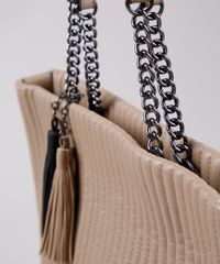 Bolsa-Feminina-Shoulder-Texturizada-com-Correntes-e-Tassel-Bege-9505295-Bege_5