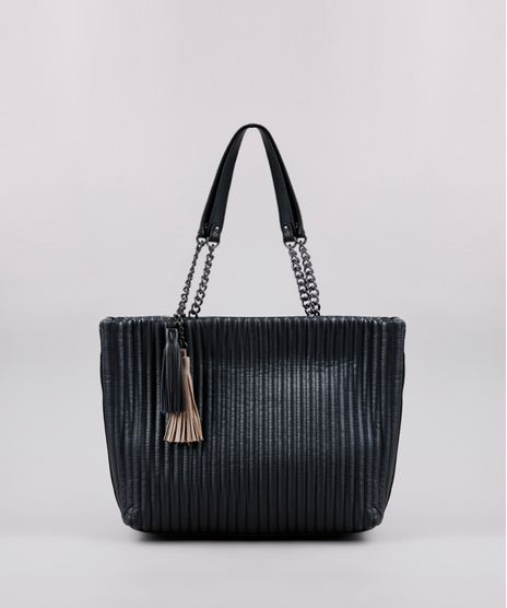 Bolsa-Feminina-Shoulder-Texturizada-com-Correntes-e-Tassel-Preta-9505295-Preto_1