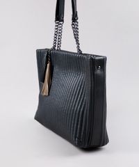 Bolsa-Feminina-Shoulder-Texturizada-com-Correntes-e-Tassel-Preta-9505295-Preto_3