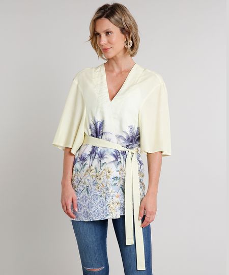 Kimono-Feminino-com-Estampa-Tropical-e-Faixa-para-Amarrar-Manga-Curta-Amarelo-9548734-Amarelo_1