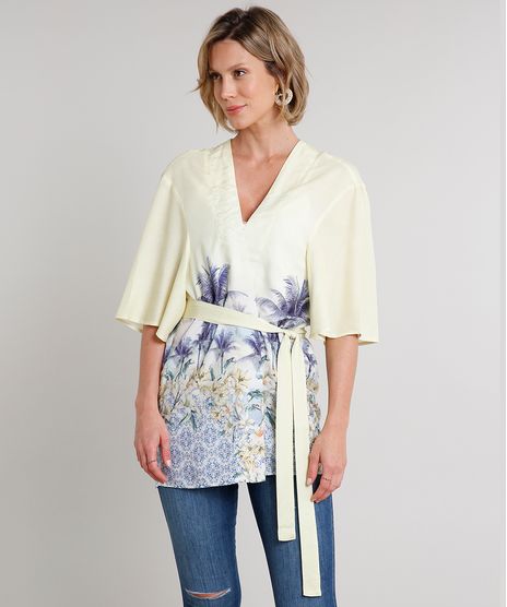 Kimono-Feminino-com-Estampa-Tropical-e-Faixa-para-Amarrar-Manga-Curta-Amarelo-9548734-Amarelo_1