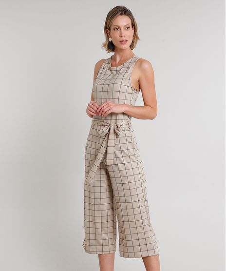 Macacao-Feminino-Pantacourt-Estampado-Quadriculado-com-Faixa-para-Amarrar-Sem-Manga-Kaki-9609547-Kaki_1