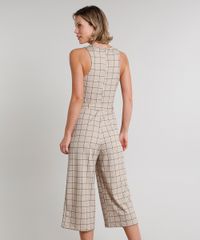 Macacao-Feminino-Pantacourt-Estampado-Quadriculado-com-Faixa-para-Amarrar-Sem-Manga-Kaki-9609547-Kaki_2