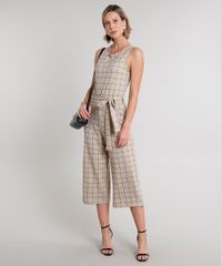 Macacao-Feminino-Pantacourt-Estampado-Quadriculado-com-Faixa-para-Amarrar-Sem-Manga-Kaki-9609547-Kaki_3
