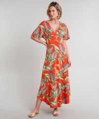 Vestido-Feminino-Longo-Estampado-de-Folhagem-com-Botao-Manga-Curta-Laranja-9630828-Laranja_1