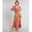 Vestido-Feminino-Longo-Estampado-de-Folhagem-com-Botao-Manga-Curta-Laranja-9630828-Laranja_1