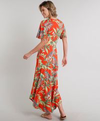 Vestido-Feminino-Longo-Estampado-de-Folhagem-com-Botao-Manga-Curta-Laranja-9630828-Laranja_2