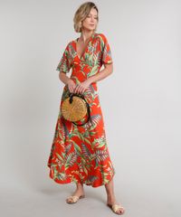 Vestido-Feminino-Longo-Estampado-de-Folhagem-com-Botao-Manga-Curta-Laranja-9630828-Laranja_3