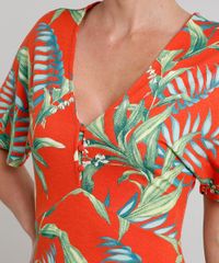 Vestido-Feminino-Longo-Estampado-de-Folhagem-com-Botao-Manga-Curta-Laranja-9630828-Laranja_4