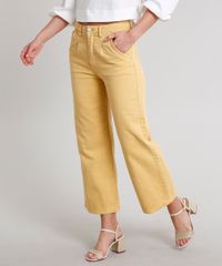 Calca-de-Sarja-Feminina-Pantacourt-com-Bolso-Mostarda-9666390-Mostarda_1