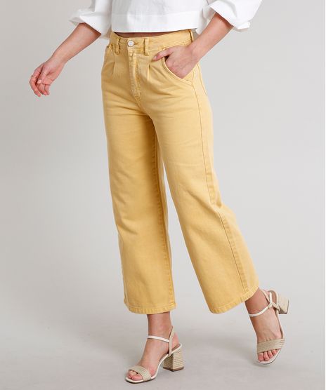 Calca-de-Sarja-Feminina-Pantacourt-com-Bolso-Mostarda-9666390-Mostarda_1