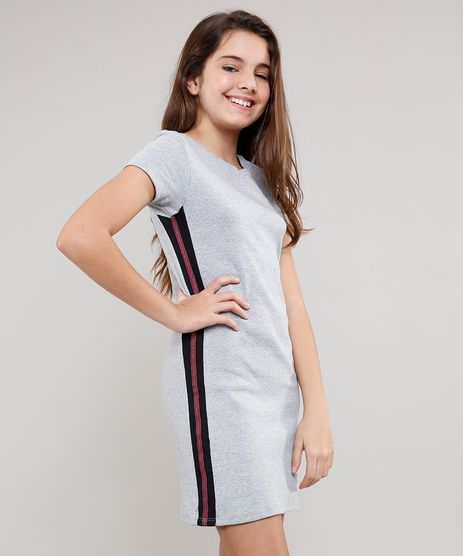 Vestido-Infantil-Canelado-com-Faixa-Lateral-Cinza-Mescla-9537307-Cinza_Mescla_1