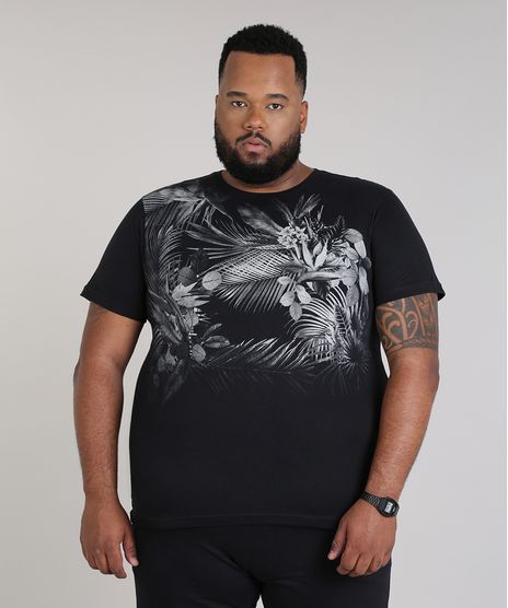 Camiseta-Masculina-Plus-Size-com-Estampa-de-Folhagem-Manga-Curta-Gola-Careca-Preta-9699529-Preto_1