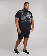 Camiseta-Masculina-Plus-Size-com-Estampa-de-Folhagem-Manga-Curta-Gola-Careca-Preta-9699529-Preto_3